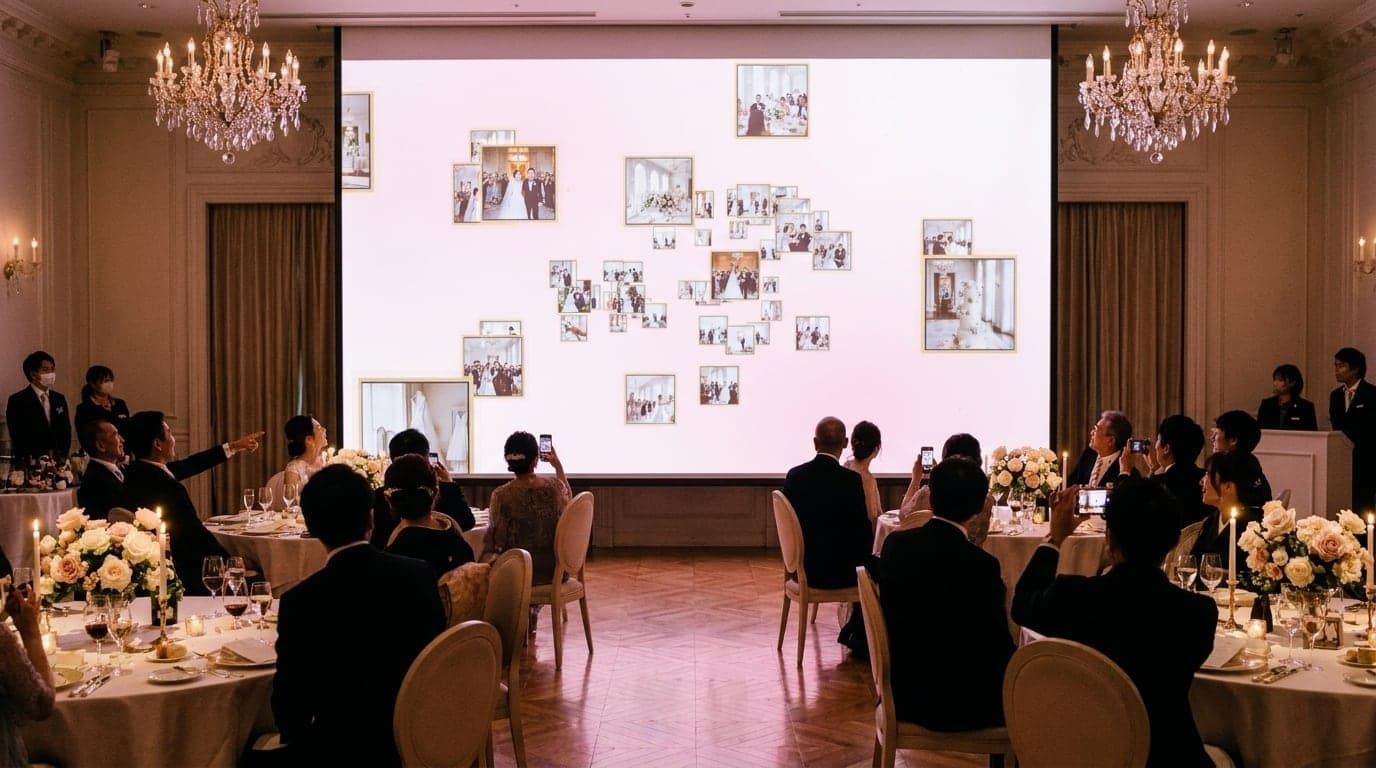 Photobless の実際の会場スクリーン演出。ゲストの写真がスクリーンに流れている